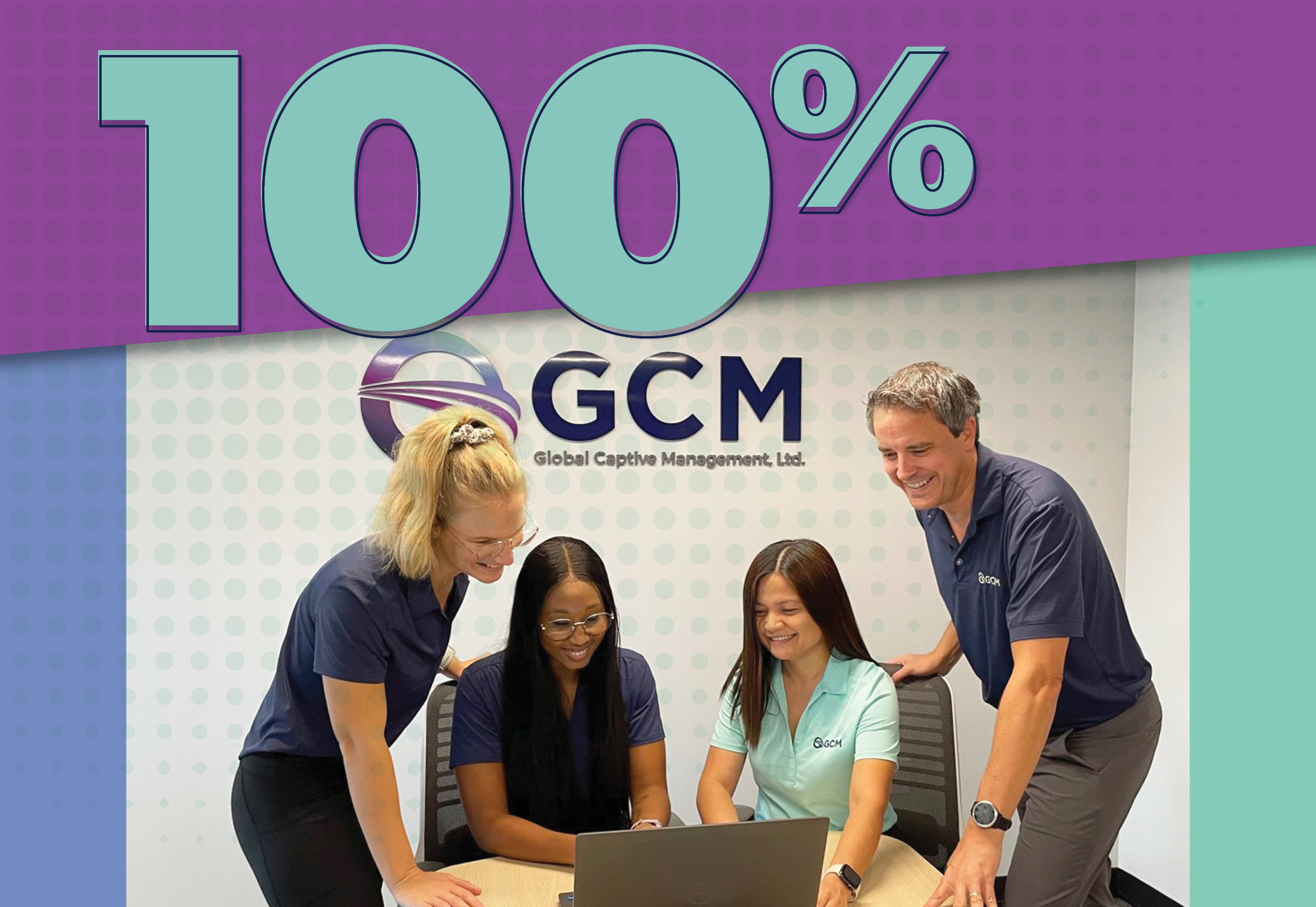 a group of GCM employees talking happily around a conference table. 100% is over their heads.